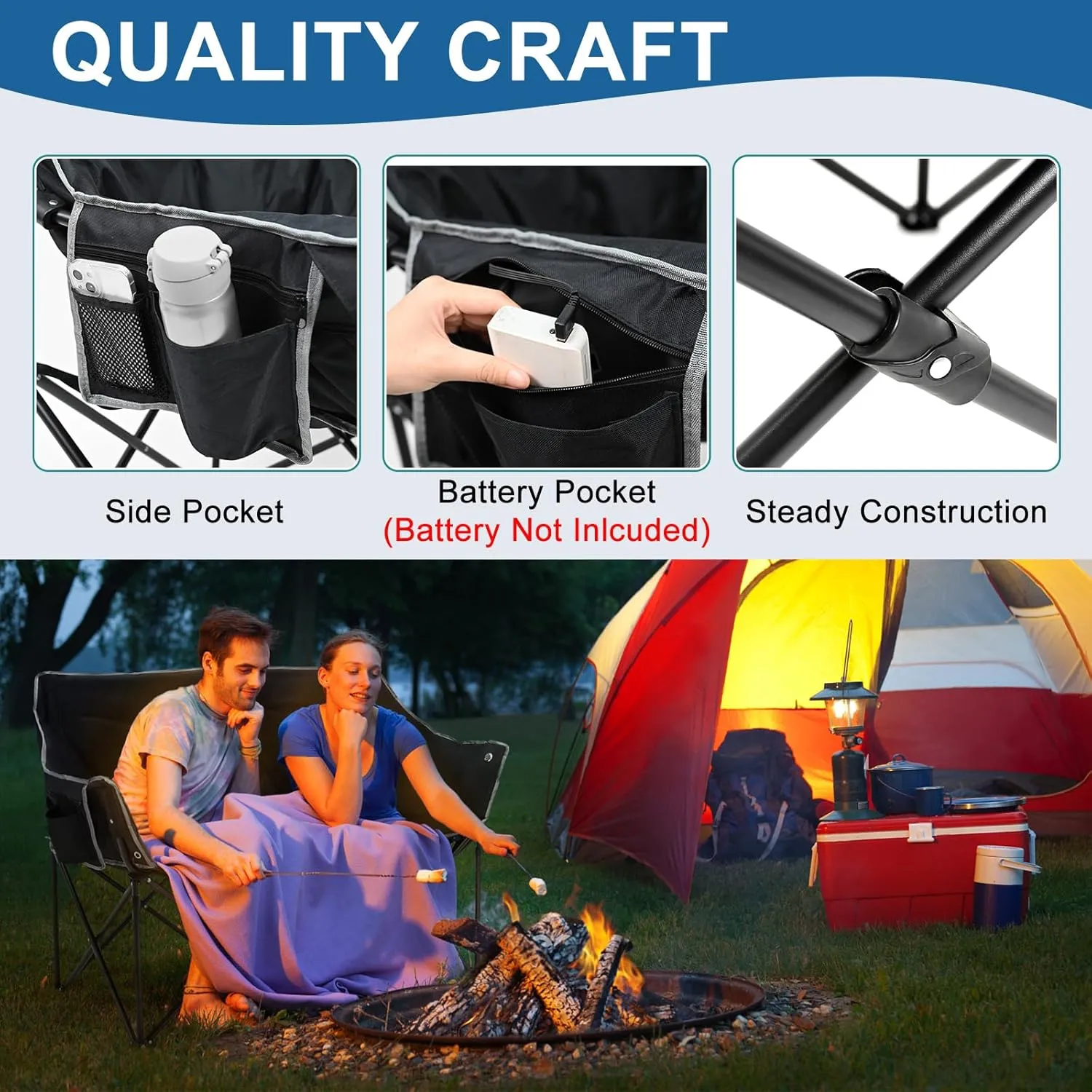 Slsy Oversized Heated Double Camping Chair, Folding 2 Person Camping Chair Loveseat, Fully Padded Duo Chair Camping Couch, Fold Up Double Camp Chair, Lawn Chairs, Camping Bench with Carrying Bag