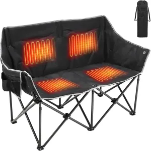 Slsy Oversized Heated Double Camping Chair, Folding 2 Person Camping Chair Loveseat, Fully Padded Duo Chair Camping Couch, Fold Up Double Camp Chair, Lawn Chairs, Camping Bench with Carrying Bag