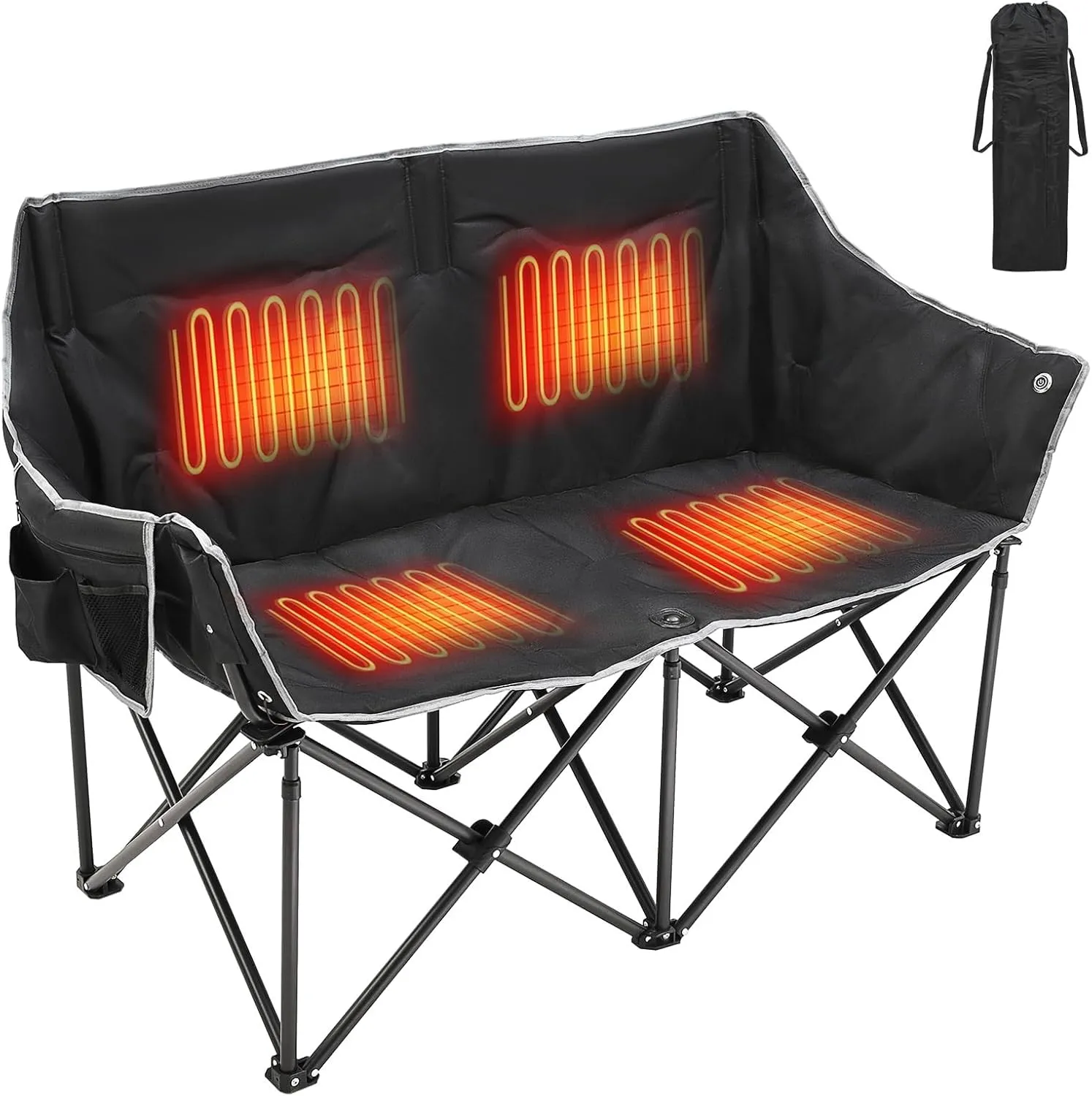 Slsy Oversized Heated Double Camping Chair, Folding 2 Person Camping Chair Loveseat, Fully Padded Duo Chair Camping Couch, Fold Up Double Camp Chair, Lawn Chairs, Camping Bench with Carrying Bag