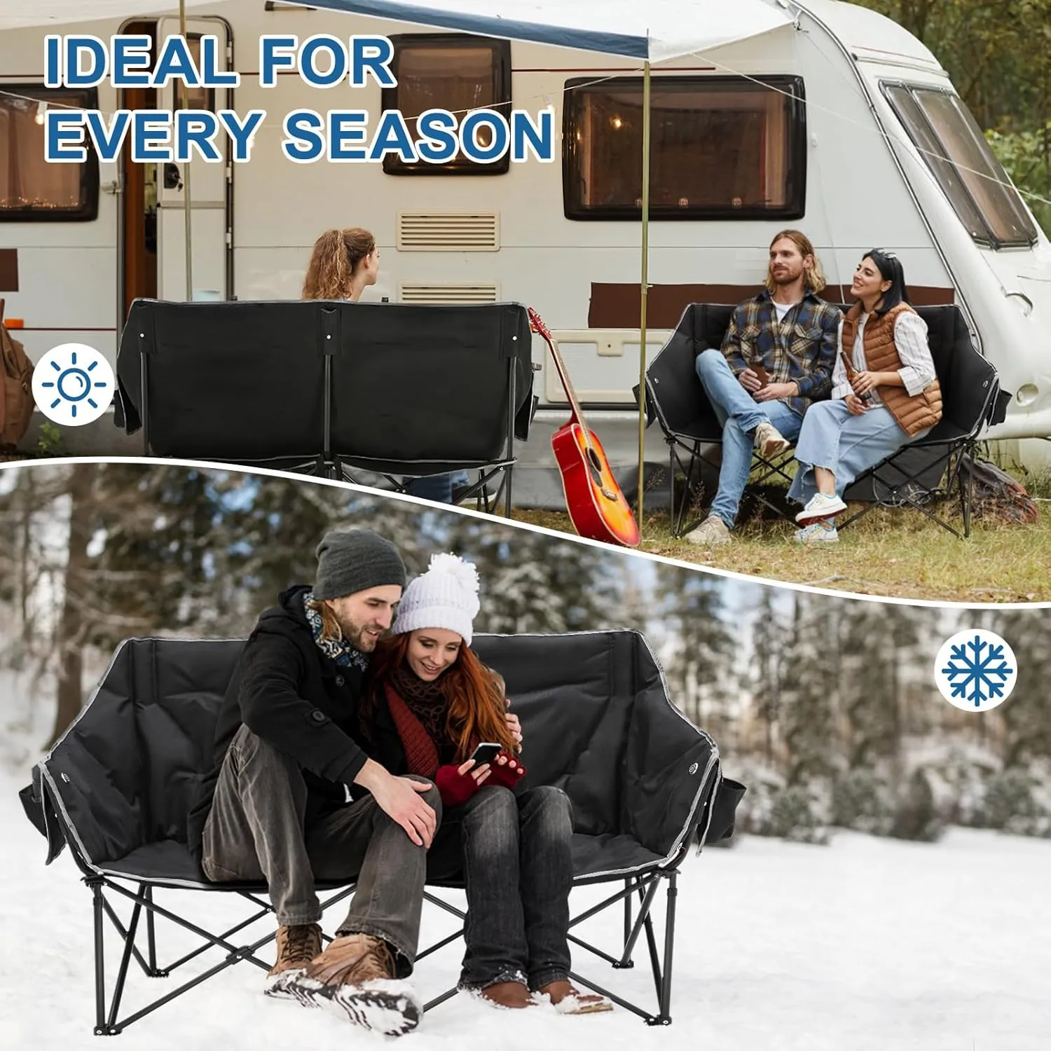 Slsy Oversized Heated Double Camping Chair, Folding 2 Person Camping Chair Loveseat, Fully Padded Duo Chair Camping Couch, Fold Up Double Camp Chair, Lawn Chairs, Camping Bench with Carrying Bag