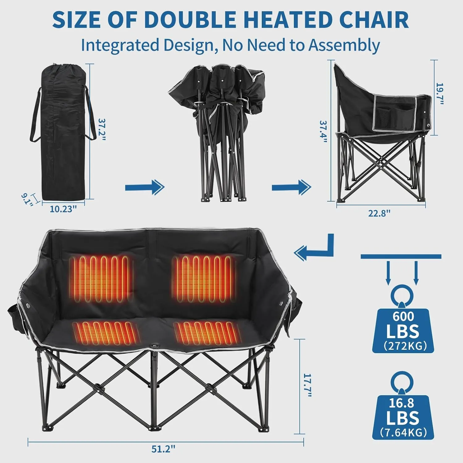 Slsy Oversized Heated Double Camping Chair, Folding 2 Person Camping Chair Loveseat, Fully Padded Duo Chair Camping Couch, Fold Up Double Camp Chair, Lawn Chairs, Camping Bench with Carrying Bag
