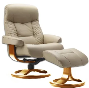 Small Leather Ergonomic Swivel Recliner Chair with Ottoman in Sandel NL 121 Nordic Line Leather with a Cherry Wood Stain Base