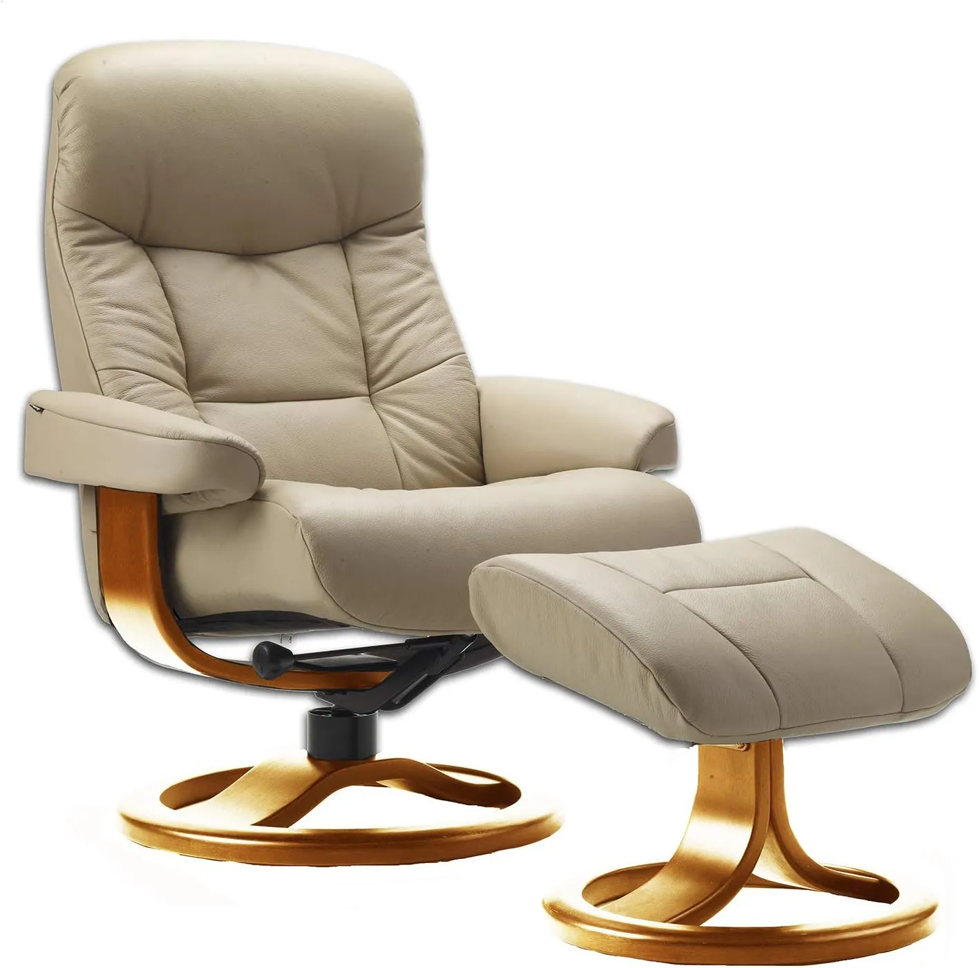 Small Leather Ergonomic Swivel Recliner Chair with Ottoman in Sandel NL 121 Nordic Line Leather with a Cherry Wood Stain Base