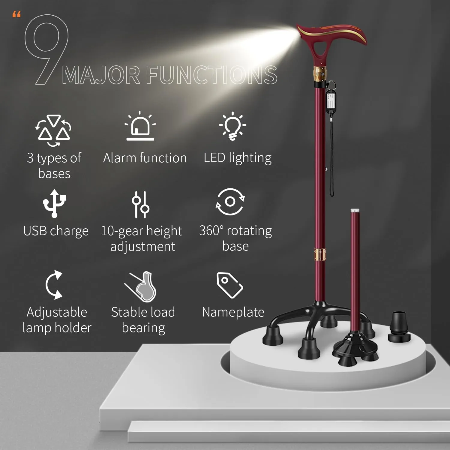 Smart Alarm Walking Cane for Men & Women, Telescopic and Adjustable Walking Sticks for Seniors, USB Direct Charge, with LED Light, One Cane for Three Purposes, Light and Stable
