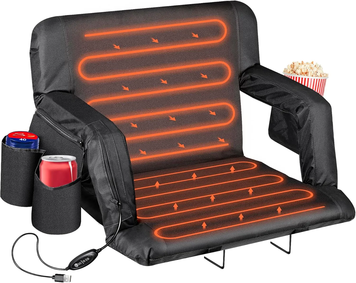 Smartxchoices 25" Wide Heated Stadium Seats for Bleachers, 6-Reclining Positions with Back and Cushion, Arm Rests, 3 Pockets, 2 Cup Holders, Anchor Straps, Portable Folding Seat with Shoulder Straps