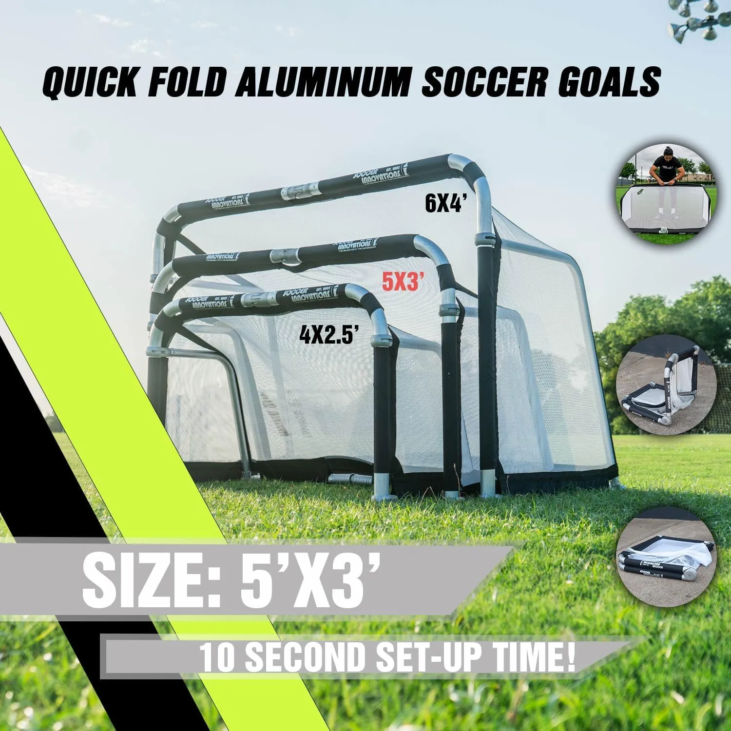 Soccer Innovations Quick Fold Portable Aluminum Goals - 5' x 3' Size, Competition Soccer Goal, Backyard Goal for Practice, Collapsible Goal, Mini Net