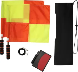 Soccer Referee Kit 2 Pcs Checkered Linesman Soccere Flags, Red Yellow Ref Cards with Notebook and Pencil,Coach Stainless Steel Whistles with Storage Bag