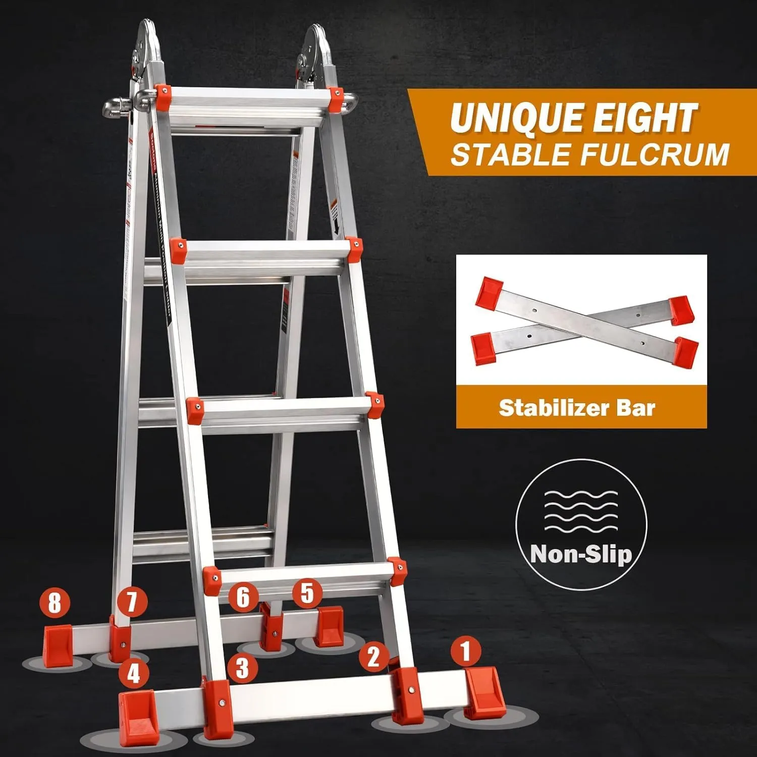 Soctone Ladder, A Frame 4 Step Extension Ladder, 14.5 Ft with Multi Position & Removable Tool Tray with Stabilizer Bar, 330 lbs Weight Rating Telescoping La dder for Household or Outdoor Work