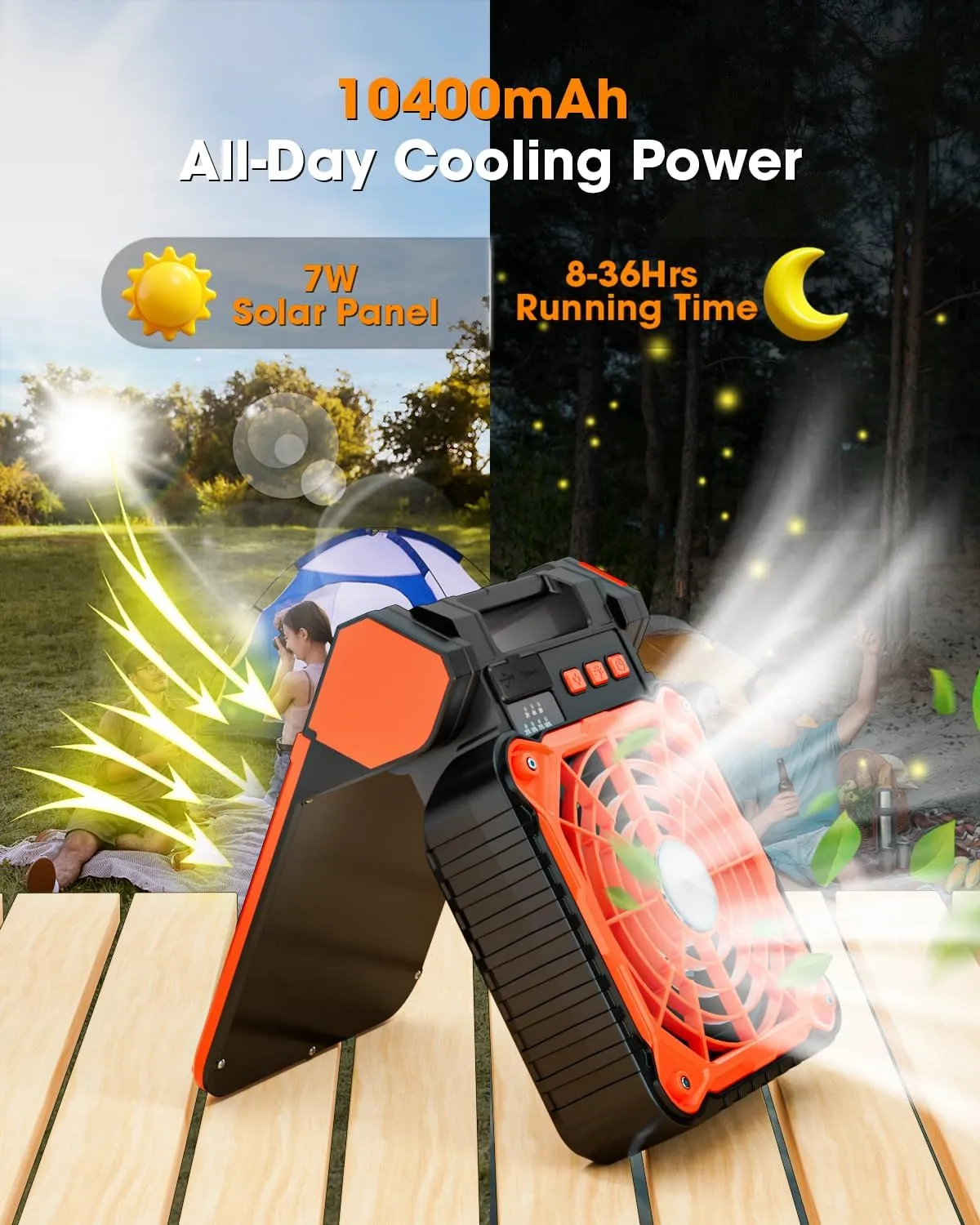 Solar Camping Fan 10400mAh, Solar Powered Fan with LED Lantern, 7W Rechargeable Battery Operated Fans for Outside, 4 Speeds, 2-8H Timer and Quiet Battery Powered Solar Tent Fans for Outdoor, Barbecue