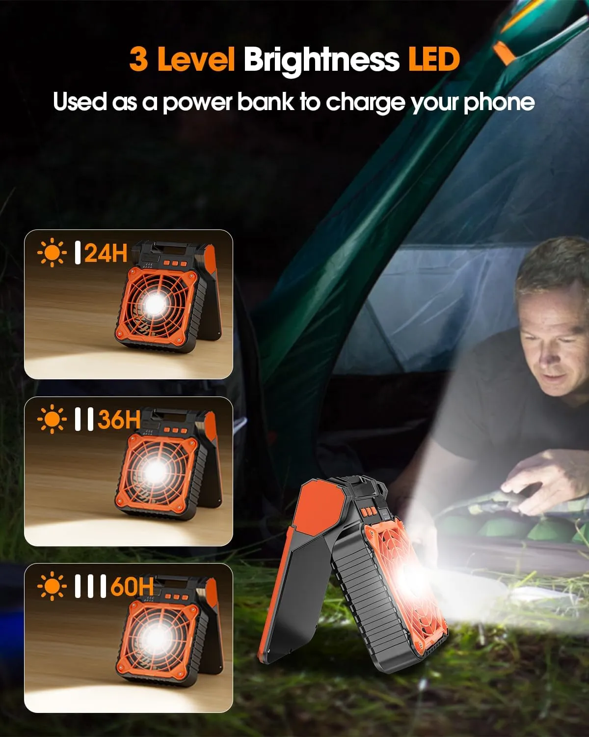 Solar Camping Fan 10400mAh, Solar Powered Fan with LED Lantern, 7W Rechargeable Battery Operated Fans for Outside, 4 Speeds, 2-8H Timer and Quiet Battery Powered Solar Tent Fans for Outdoor, Barbecue
