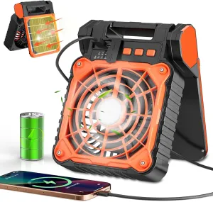 Solar Camping Fan 10400mAh, Solar Powered Fan with LED Lantern, 7W Rechargeable Battery Operated Fans for Outside, 4 Speeds, 2-8H Timer and Quiet Battery Powered Solar Tent Fans for Outdoor, Barbecue
