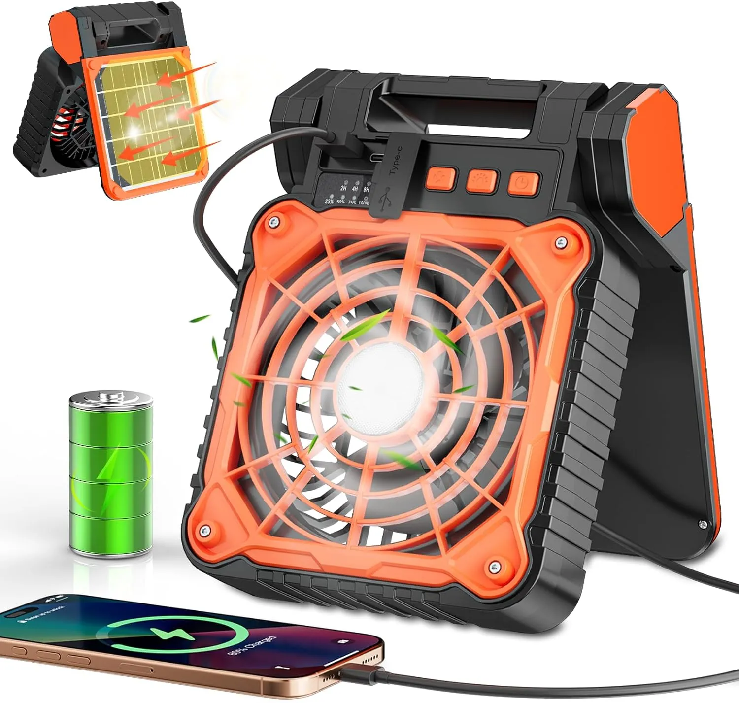 Solar Camping Fan 10400mAh, Solar Powered Fan with LED Lantern, 7W Rechargeable Battery Operated Fans for Outside, 4 Speeds, 2-8H Timer and Quiet Battery Powered Solar Tent Fans for Outdoor, Barbecue