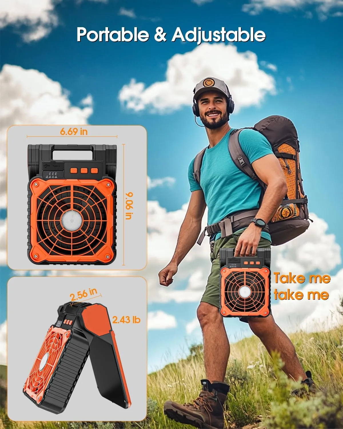 Solar Camping Fan 10400mAh, Solar Powered Fan with LED Lantern, 7W Rechargeable Battery Operated Fans for Outside, 4 Speeds, 2-8H Timer and Quiet Battery Powered Solar Tent Fans for Outdoor, Barbecue