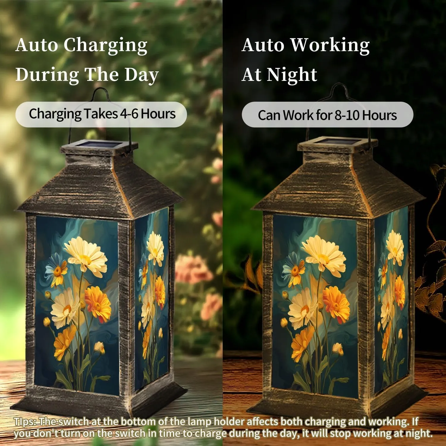 Solar Lantern Abstract Landscape Radiant Daisies Wall Art Outdoor Waterproof Garden Hanging Lantern Solar Powered Lighting Outside Table Lamp for Patio Deck Camping 1 Pack
