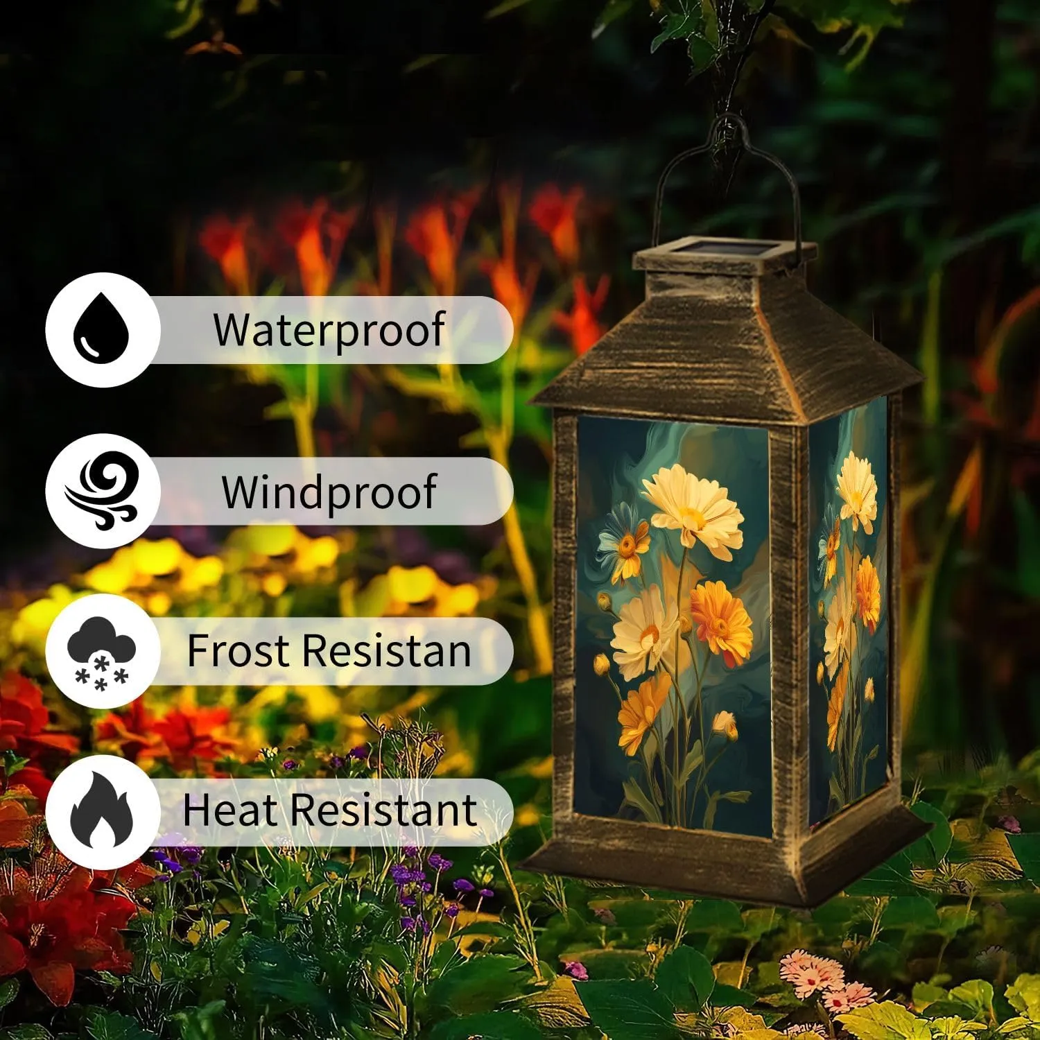 Solar Lantern Abstract Landscape Radiant Daisies Wall Art Outdoor Waterproof Garden Hanging Lantern Solar Powered Lighting Outside Table Lamp for Patio Deck Camping 1 Pack