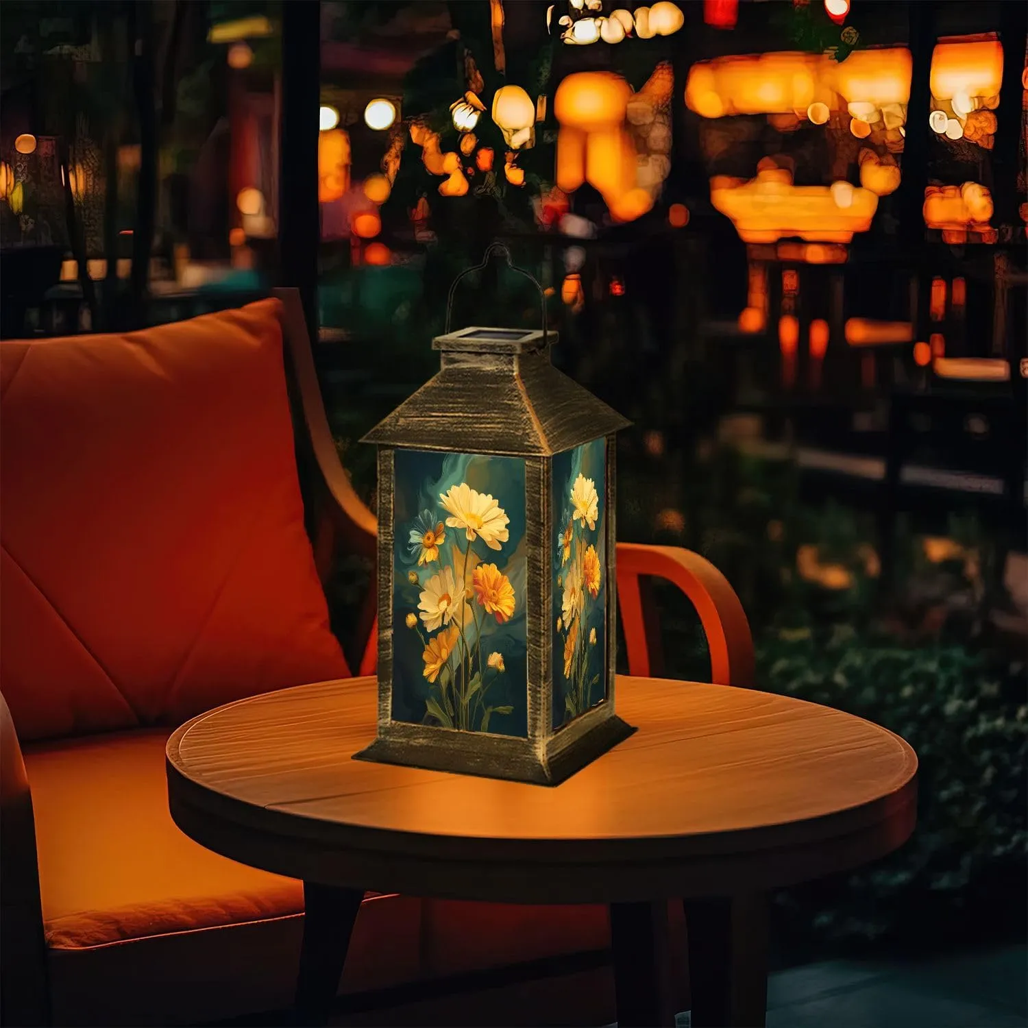 Solar Lantern Abstract Landscape Radiant Daisies Wall Art Outdoor Waterproof Garden Hanging Lantern Solar Powered Lighting Outside Table Lamp for Patio Deck Camping 1 Pack