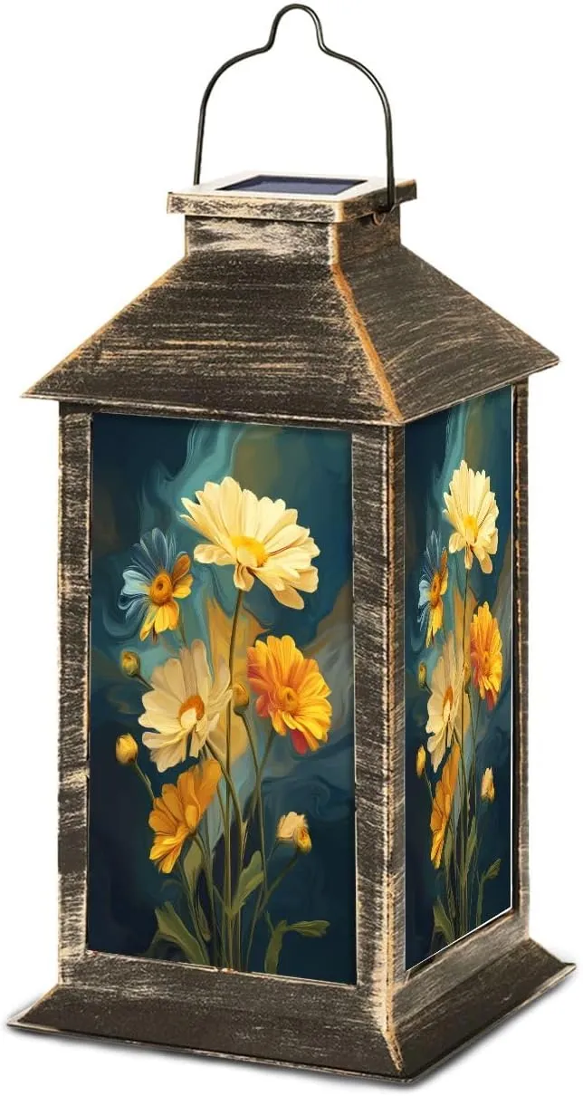 Solar Lantern Abstract Landscape Radiant Daisies Wall Art Outdoor Waterproof Garden Hanging Lantern Solar Powered Lighting Outside Table Lamp for Patio Deck Camping 1 Pack