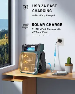 Solar Powered Fan Camping with LED Light, 10400mAh Portable Camping Fans with Solar Panel, Rechargeable Battery Operated Tent Fan for Outdoor Car RV Hurricane