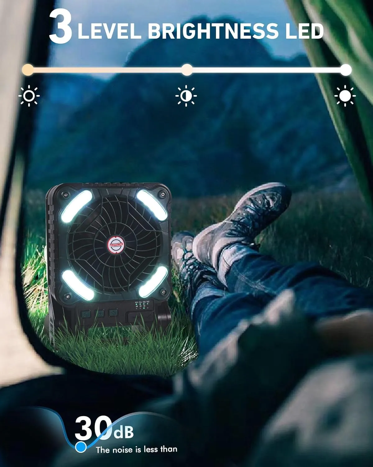 Solar Powered Fan Camping with LED Light, 10400mAh Portable Camping Fans with Solar Panel, Rechargeable Battery Operated Tent Fan for Outdoor Car RV Hurricane