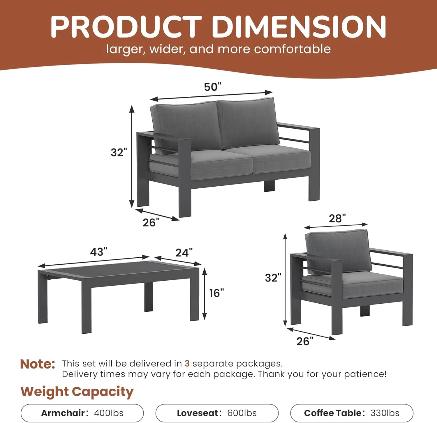 Solaste Outdoor Aluminum Furniture Set,4 Pieces Patio Sectional Chat Sofa Outdoor Conversation Set with Table,Dark Grey