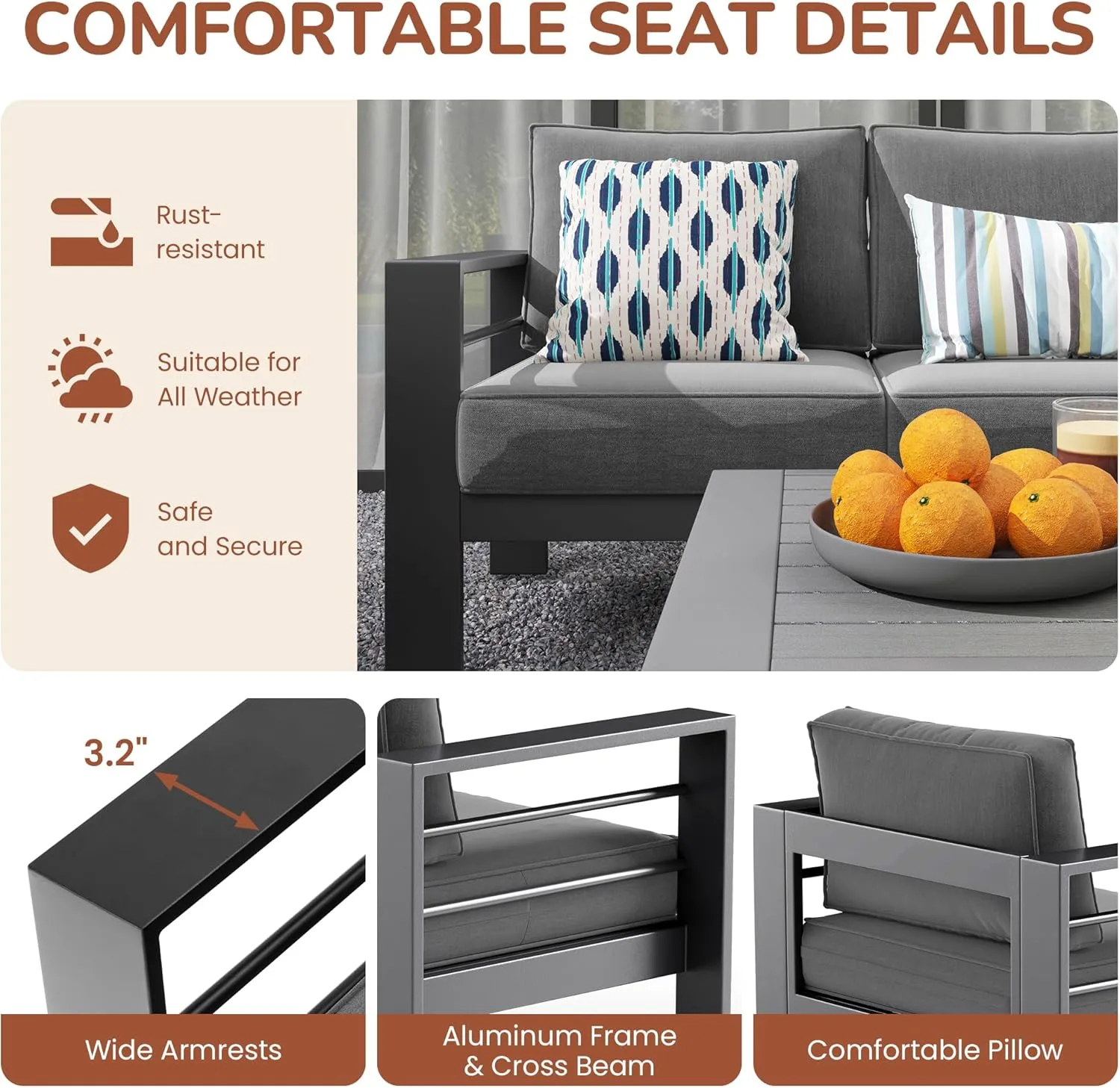 Solaste Outdoor Aluminum Furniture Set,4 Pieces Patio Sectional Chat Sofa Outdoor Conversation Set with Table,Dark Grey