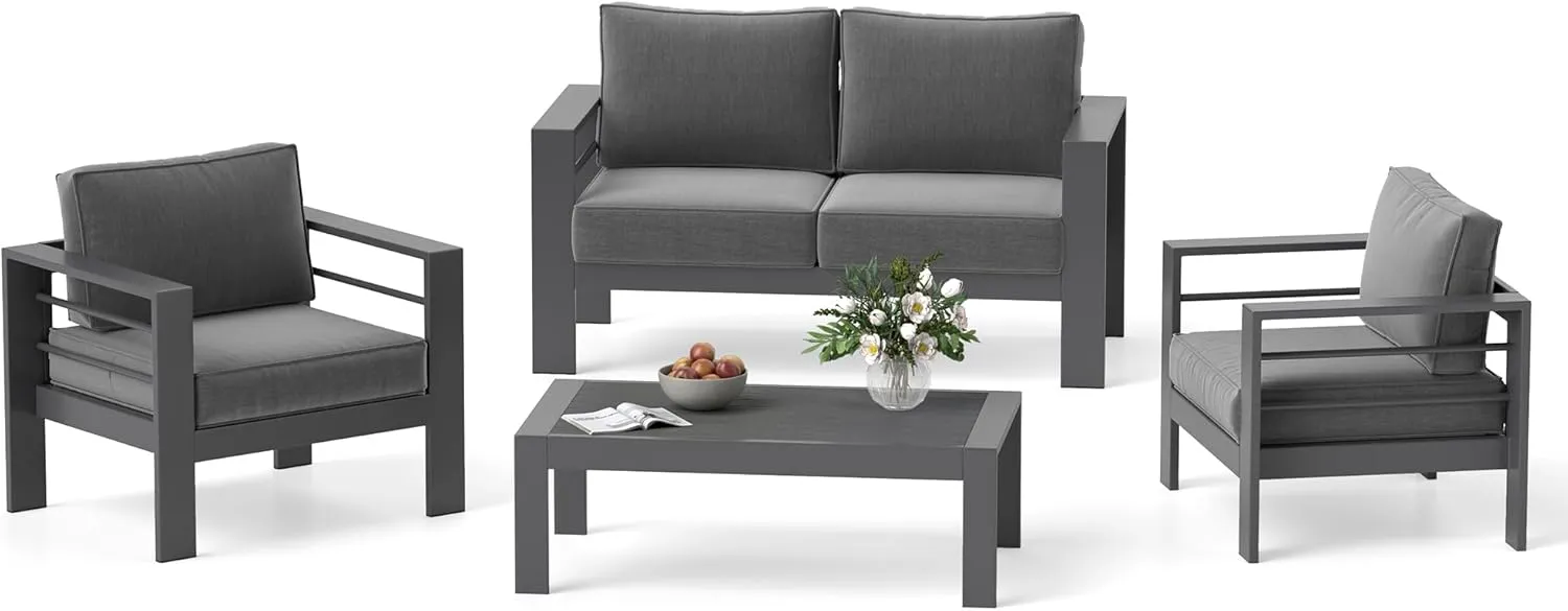 Solaste Outdoor Aluminum Furniture Set,4 Pieces Patio Sectional Chat Sofa Outdoor Conversation Set with Table,Dark Grey