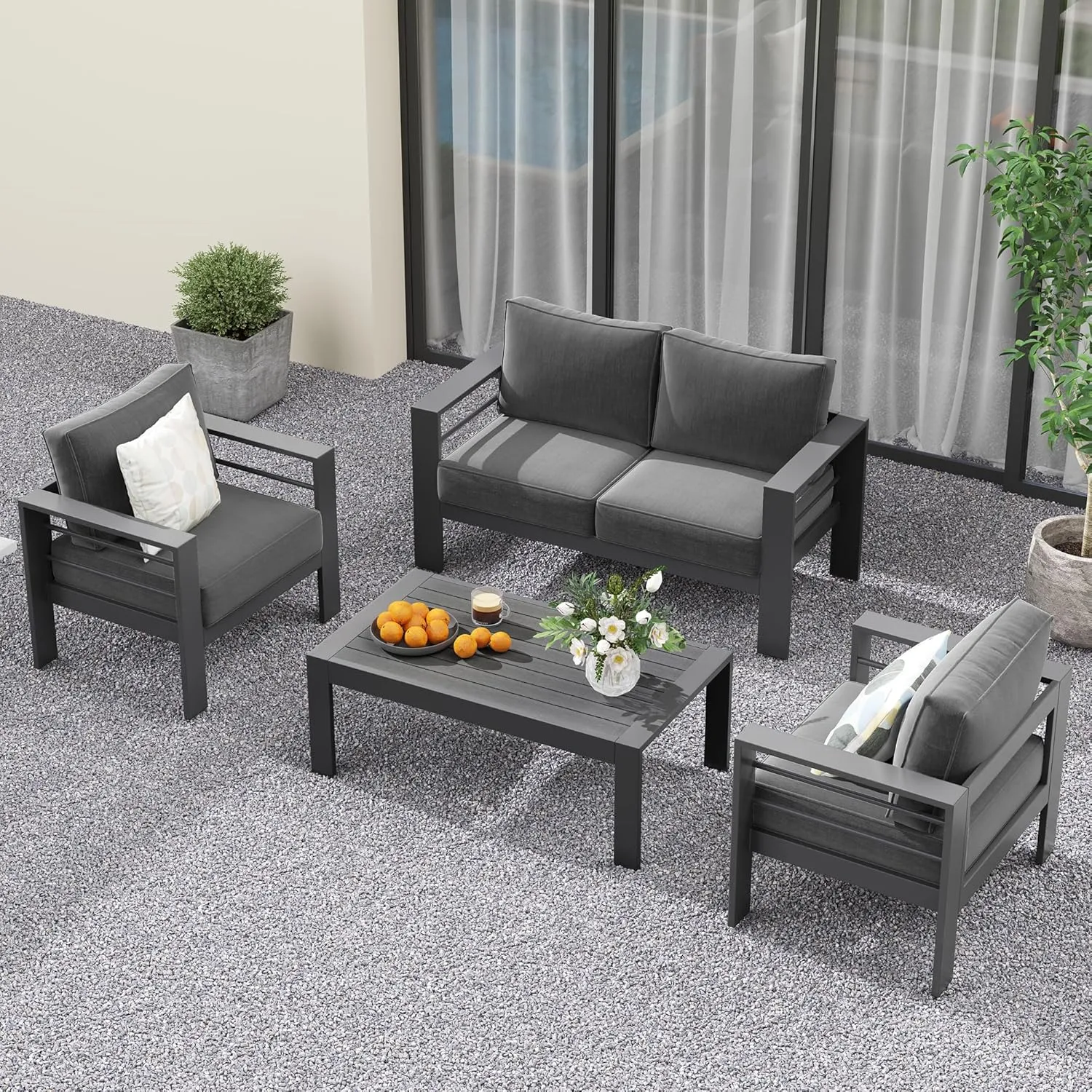Solaste Outdoor Aluminum Furniture Set,4 Pieces Patio Sectional Chat Sofa Outdoor Conversation Set with Table,Dark Grey