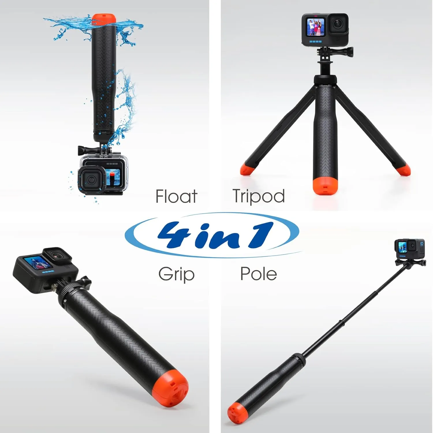 SOONSUN 4in1 Floating Selfie Stick Tripod for GoPro Hero 13 12 11 10 9 8 7 6 5 4 3 Session Max, AKASO, SJCAM Action Camera - As Waterproof Extension Monopod Pole Floating Handle Grip Tripod Stand
