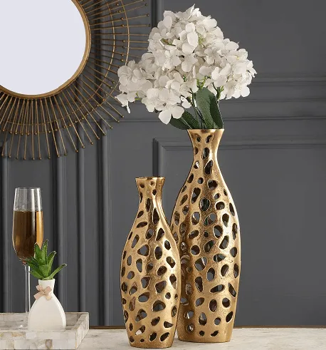 Sophia Floral Vase set of 2 In Raw Gold Finish