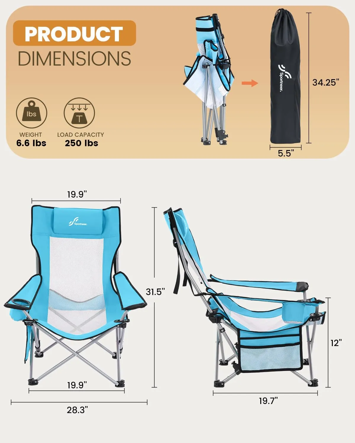Sportneer Beach Chair: Adjustable Folding Chair with Cup Holder & Side Pocket - Portable & Compact Beach Chairs for Adults with Reclining Positions for Camping Picnic and Outdoor, Blue
