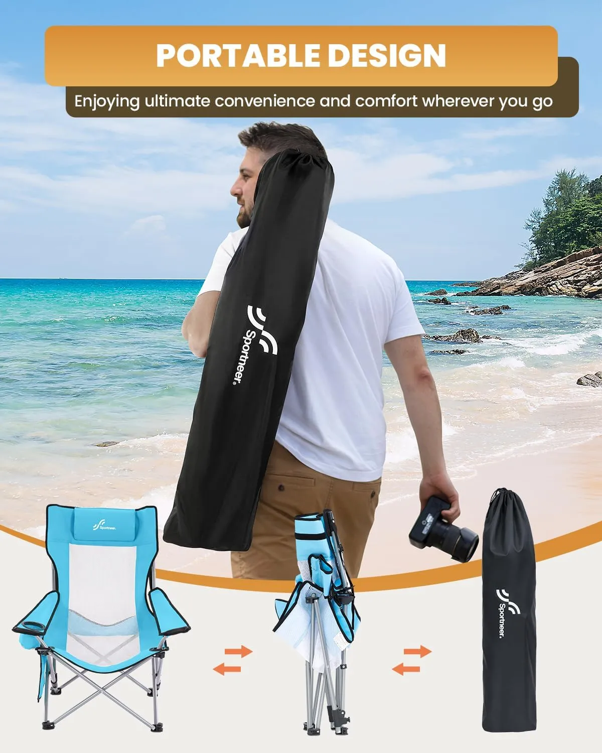Sportneer Beach Chair: Adjustable Folding Chair with Cup Holder & Side Pocket - Portable & Compact Beach Chairs for Adults with Reclining Positions for Camping Picnic and Outdoor, Blue