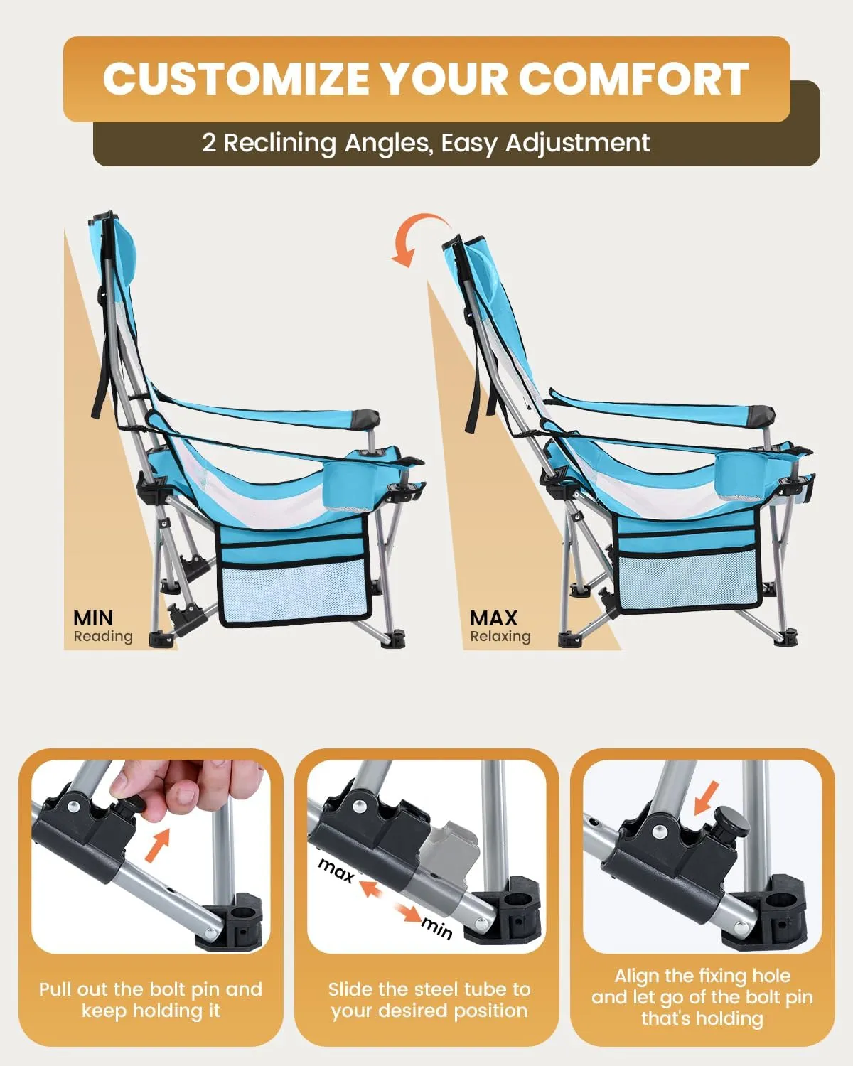 Sportneer Beach Chair: Adjustable Folding Chair with Cup Holder & Side Pocket - Portable & Compact Beach Chairs for Adults with Reclining Positions for Camping Picnic and Outdoor, Blue