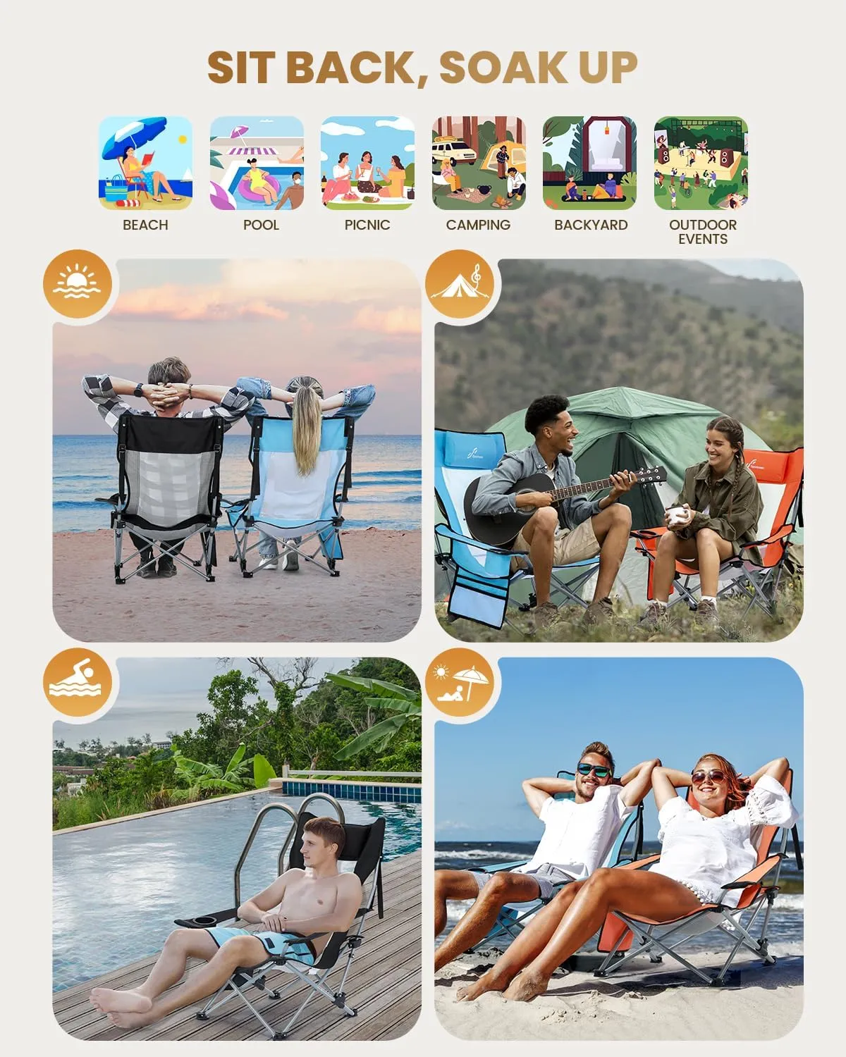 Sportneer Beach Chair: Adjustable Folding Chair with Cup Holder & Side Pocket - Portable & Compact Beach Chairs for Adults with Reclining Positions for Camping Picnic and Outdoor, Blue