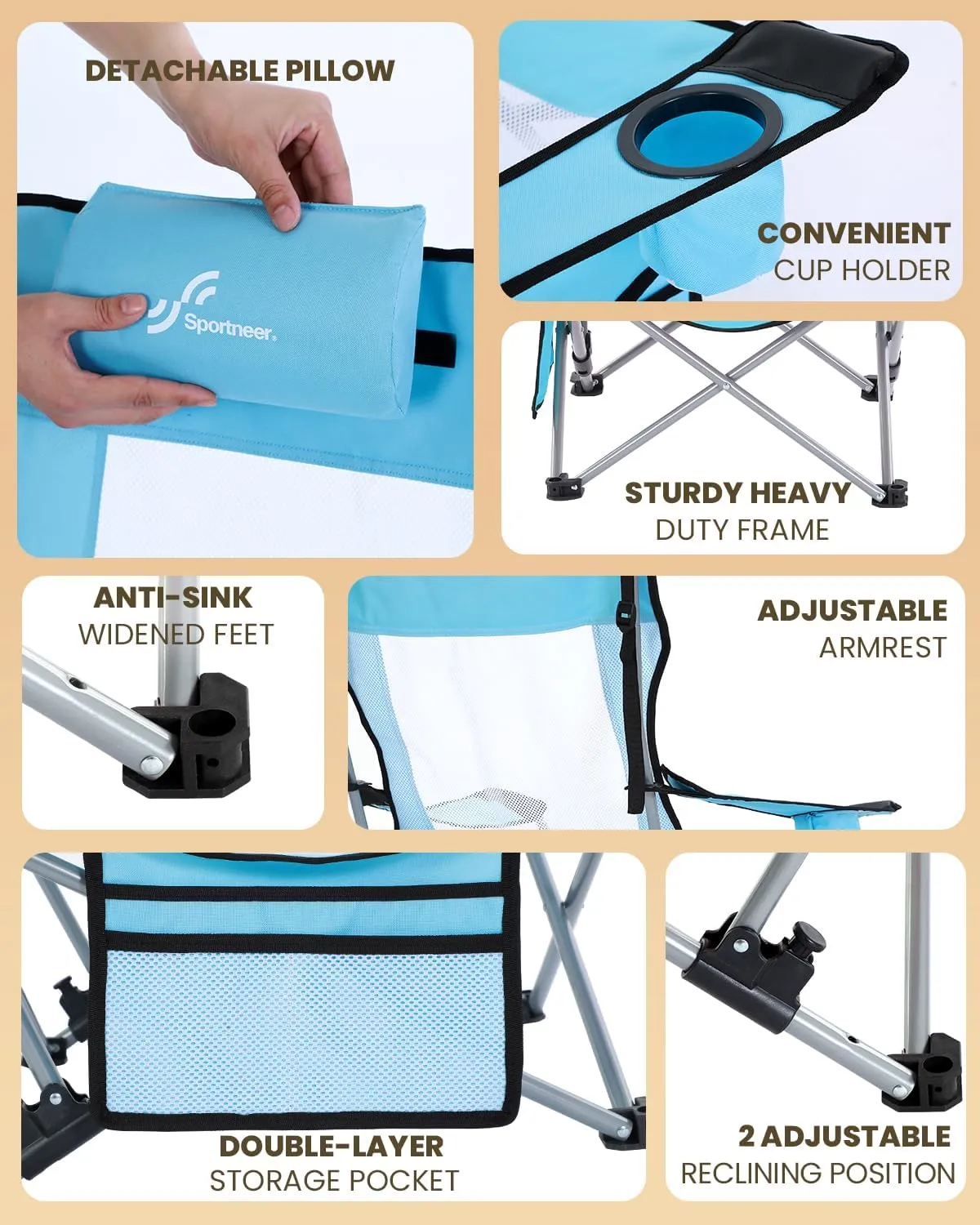 Sportneer Beach Chair: Adjustable Folding Chair with Cup Holder & Side Pocket - Portable & Compact Beach Chairs for Adults with Reclining Positions for Camping Picnic and Outdoor, Blue