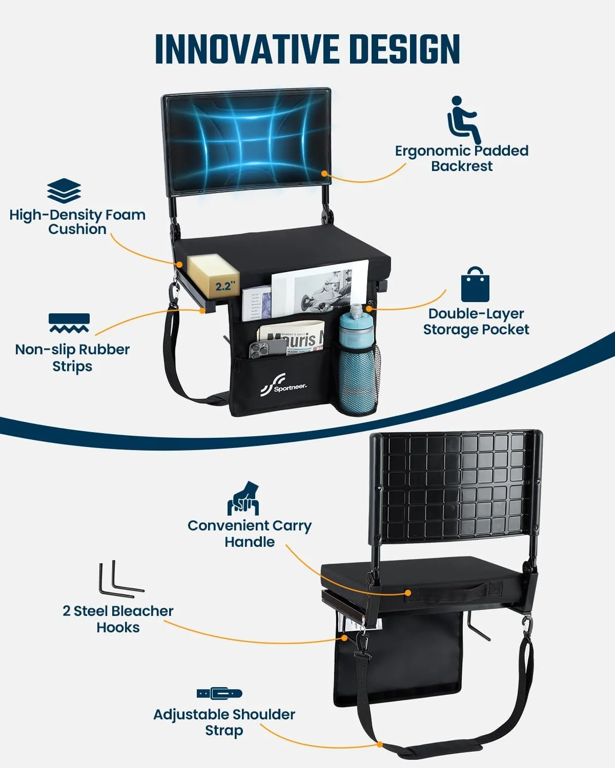 Sportneer Stadium Seats with Back Support: Height Adjustable Thick Padded Stadium Seats with Pocket, Shoulder Strap, Carry Handle, Cup Holder, Folding Stadium Chair for Sports Events Concerts Outdoor