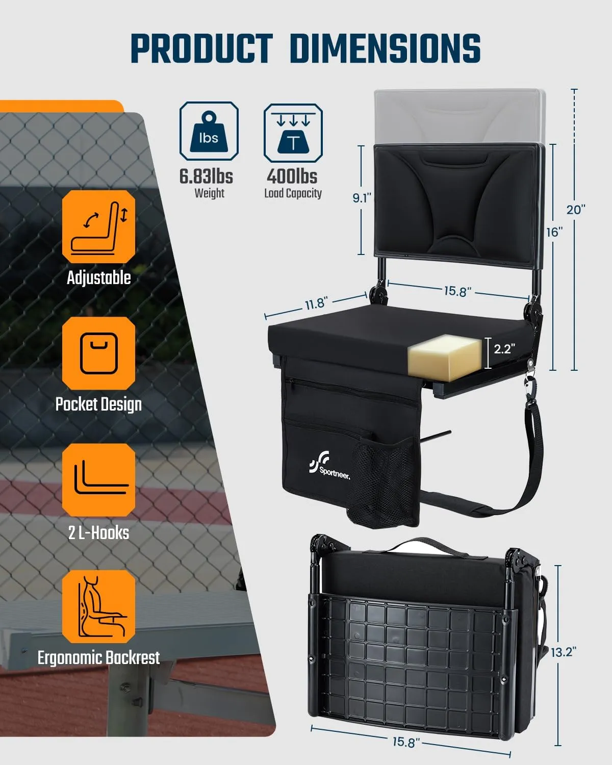 Sportneer Stadium Seats with Back Support: Height Adjustable Thick Padded Stadium Seats with Pocket, Shoulder Strap, Carry Handle, Cup Holder, Folding Stadium Chair for Sports Events Concerts Outdoor