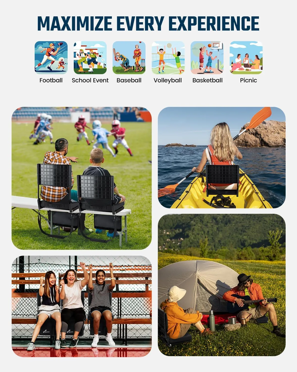 Sportneer Stadium Seats with Back Support: Height Adjustable Thick Padded Stadium Seats with Pocket, Shoulder Strap, Carry Handle, Cup Holder, Folding Stadium Chair for Sports Events Concerts Outdoor
