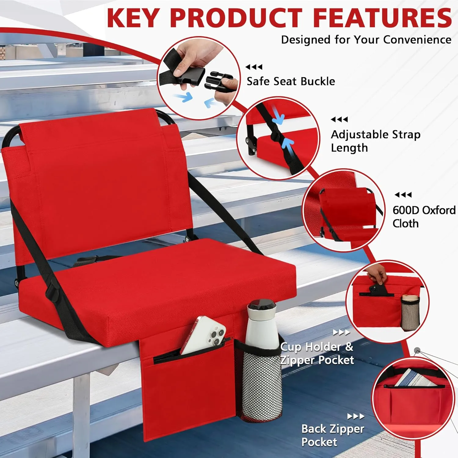 Stadium Seat for Bleachers with Back Support and Wide Padded Cushion Stadium Chair - Includes Shoulder Strap and Cup Holder