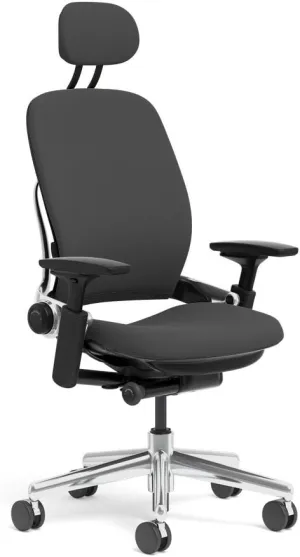 Steelcase Leap Task Chair: Polished Aluminum Base - 4D Adjustable Arms - Headrest - Hard Floor Casters