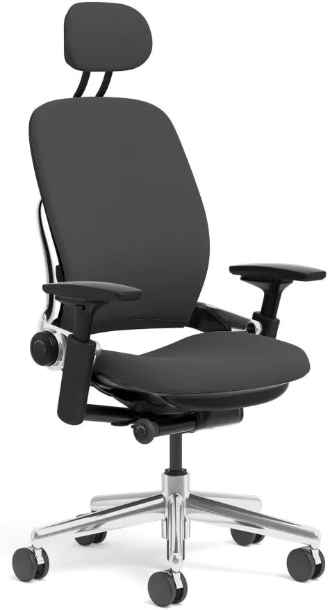 Steelcase Leap Task Chair: Polished Aluminum Base - 4D Adjustable Arms - Headrest - Hard Floor Casters