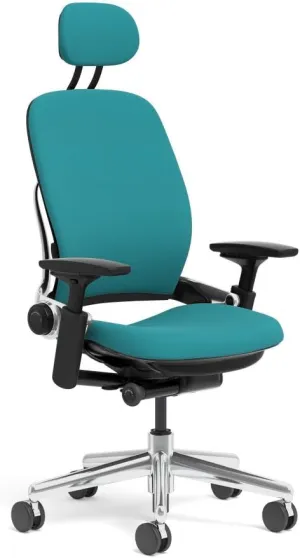 Steelcase Leap Task Chair: Polished Aluminum Base - 4D Adjustable Arms - Headrest - Standard Carpet Casters