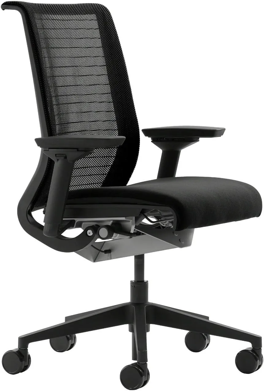 Steelcase Think Task Chair: Fixed Lumbar - Adjustable Arms - Standard Carpet Casters - Black 3D Knit Back