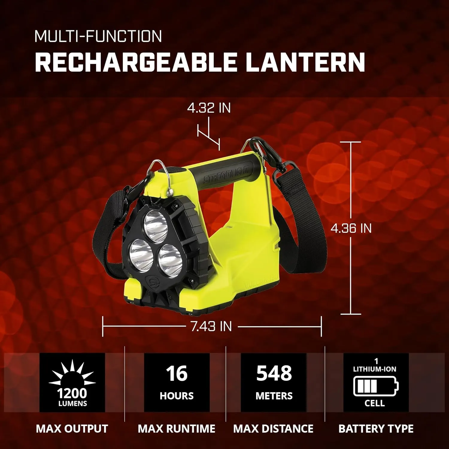 Streamlight 44307 Vulcan 180 1200-Lumen Standard System Rechargeable Lantern with Tilting Head, Includes 120V/100V AC/12V DC Charger and Quick Release Shoulder Strap, Yellow