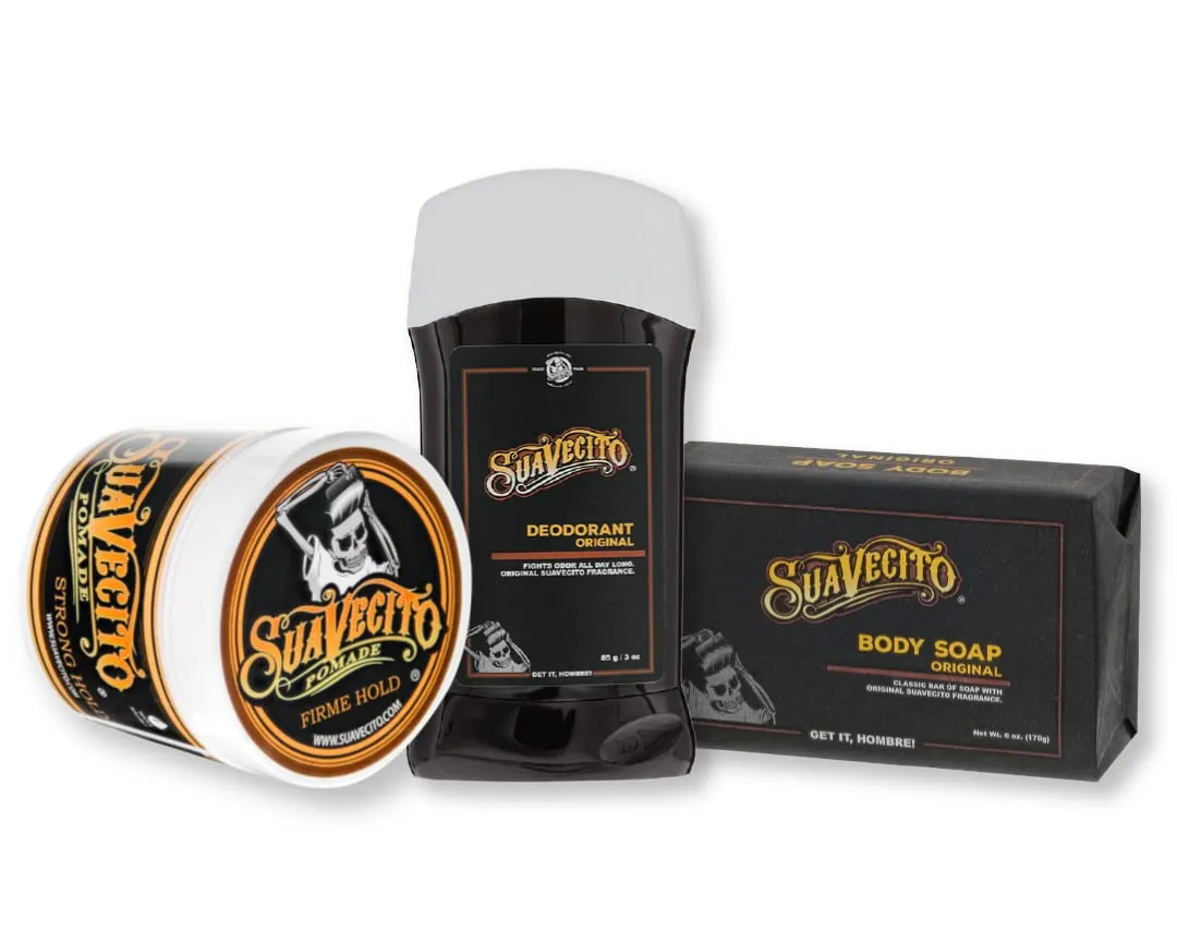 Suavecito Pomade Signature Scent Essentials Bundle: Hair Styling Pomade, Aluminum Free Deodorant, Moisturizing Body Soap