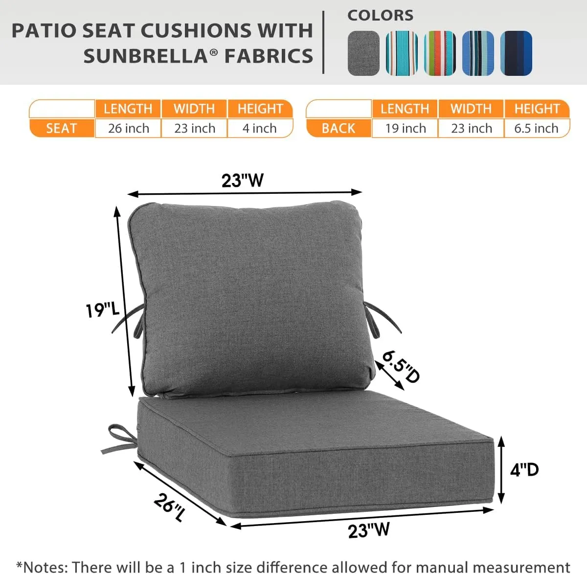 Sundale Outdoor Sunbrella Deep Seat Cushions, Patio Acrylic Sectional Sofa Couches Cushion and Pillow, Water-Resistant Furniture Replacement Cushions, 23 x 26 x 4 inches - Cast Slate