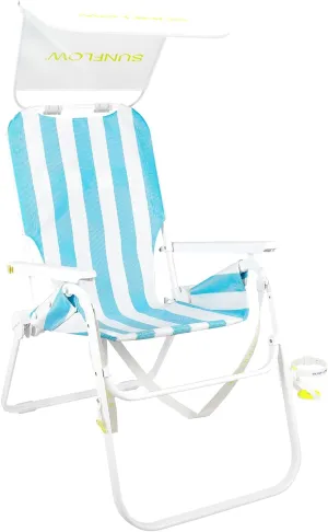 SUNFLOW The Tall Sand Dune Premium Beach Chair, Portable, Rust-Resistant, Adjustable Reclining Lounger with UPF 50  Sun Shade and Drink Holder for The Ultimate in Comfort - Sky Blue Stripe