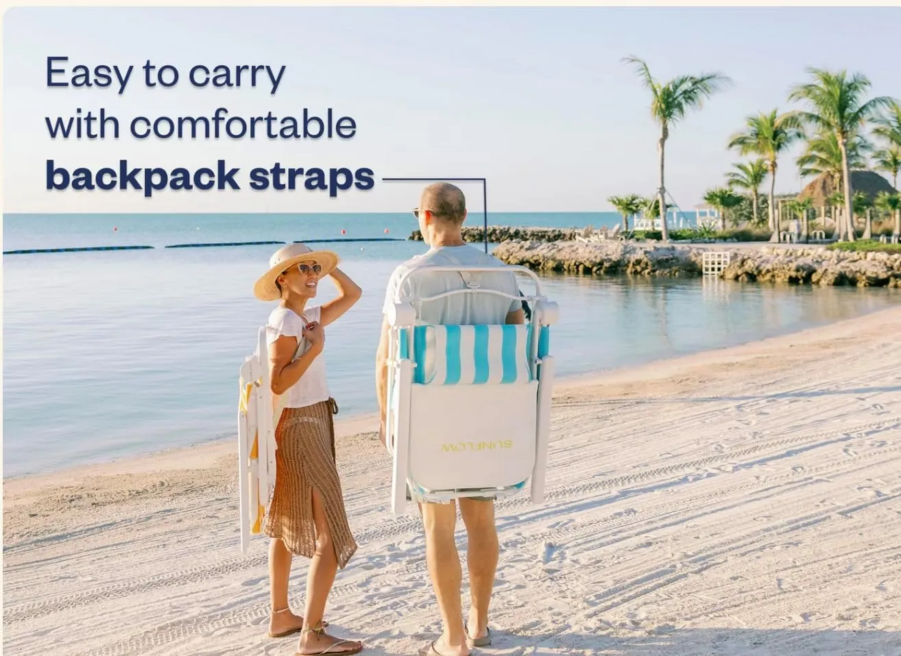 SUNFLOW The Tall Sand Dune Premium Beach Chair, Portable, Rust-Resistant, Adjustable Reclining Lounger with UPF 50  Sun Shade and Drink Holder for The Ultimate in Comfort - Sky Blue Stripe