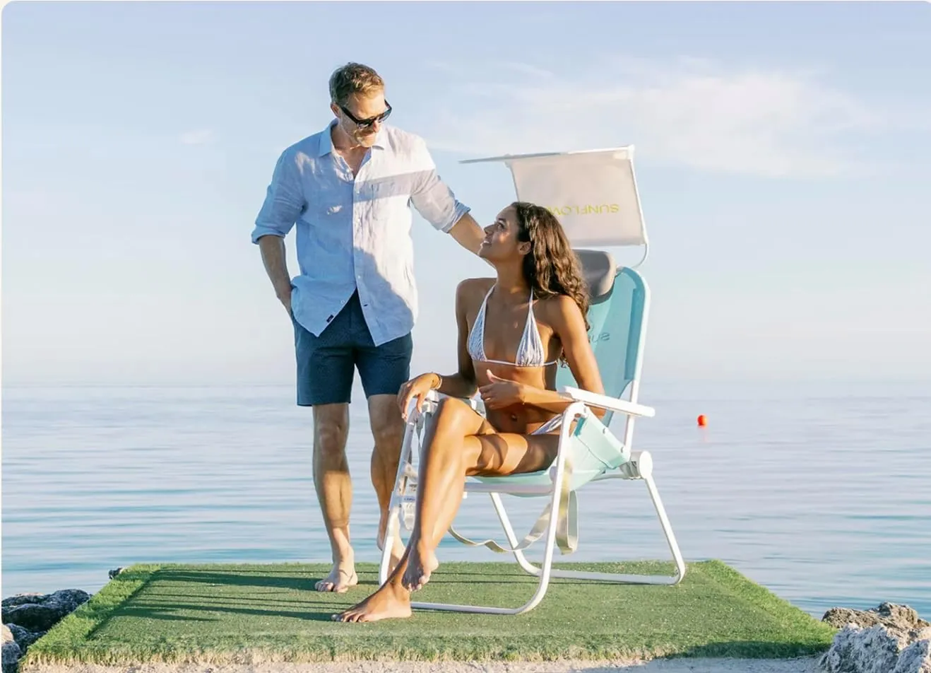 SUNFLOW The Tall Sand Dune Premium Beach Chair, Portable, Rust-Resistant, Adjustable Reclining Lounger with UPF 50  Sun Shade and Drink Holder for The Ultimate in Comfort - Sky Blue Stripe