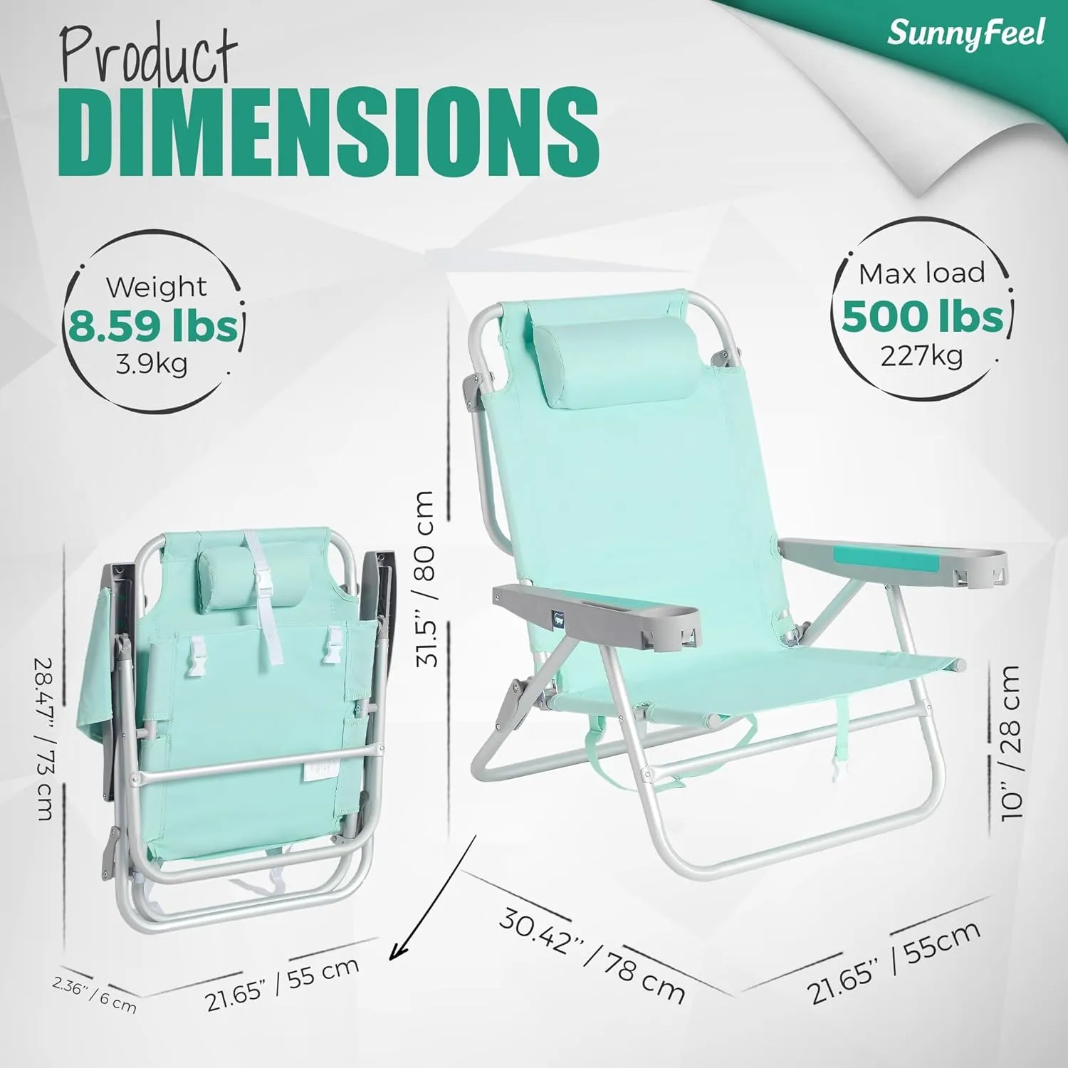 SUNNYFEEL Extra Wide Low Beach Chair 5 Position Lay Flat 500 LBS Heavy Duty, XL Oversized Portable Folding Camping Chairs with Cup Holder for Outdoor/Trip, Lightweight Backpack Beach Chair for Adults