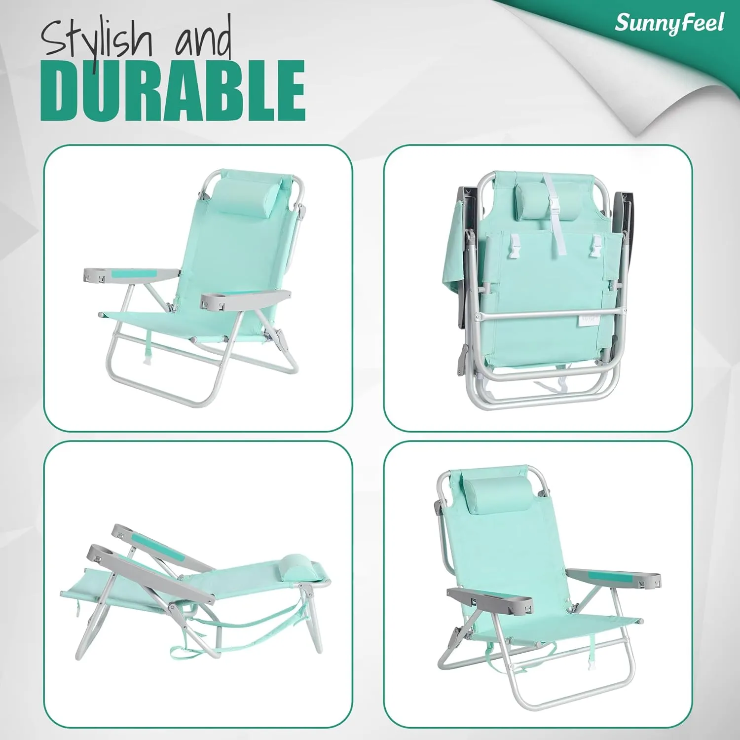 SUNNYFEEL Extra Wide Low Beach Chair 5 Position Lay Flat 500 LBS Heavy Duty, XL Oversized Portable Folding Camping Chairs with Cup Holder for Outdoor/Trip, Lightweight Backpack Beach Chair for Adults